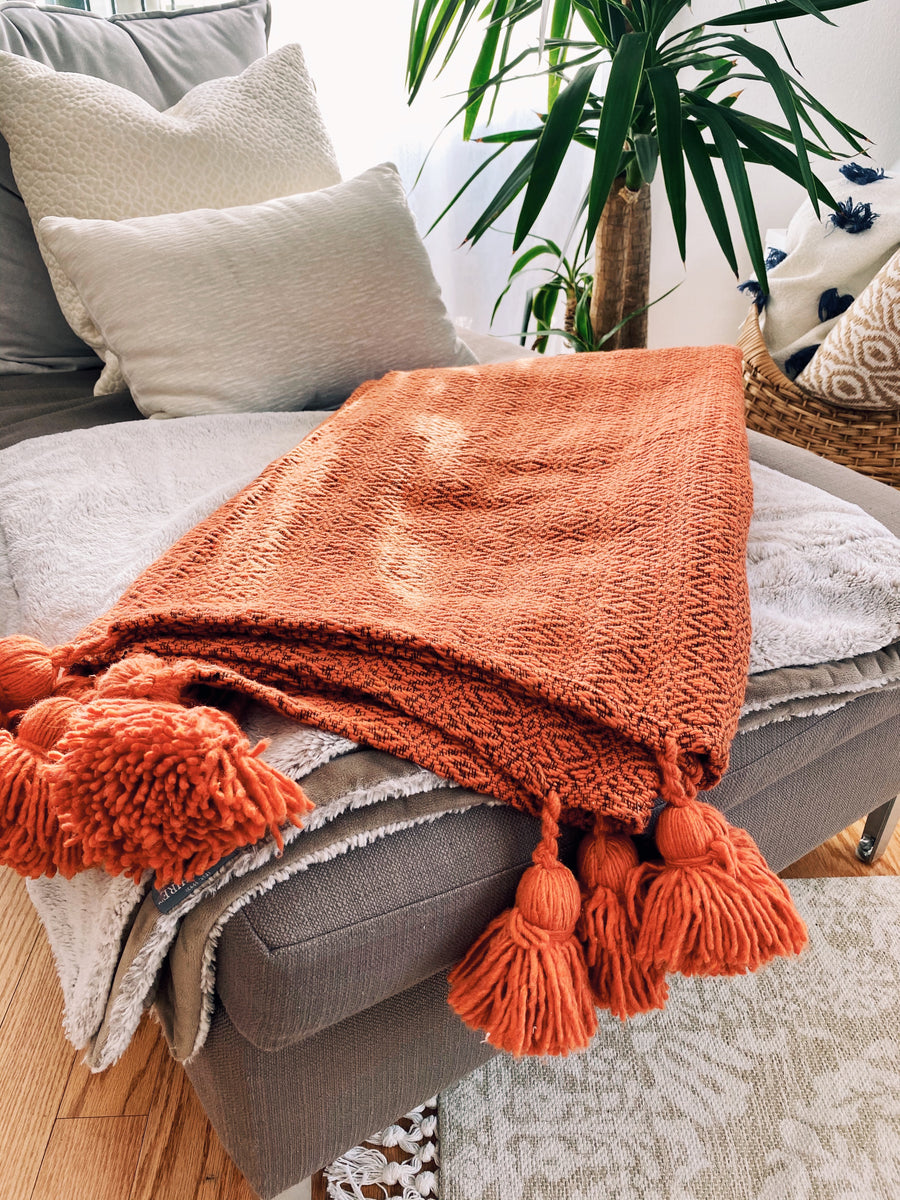 Red Moroccan Pom Pom Blanket